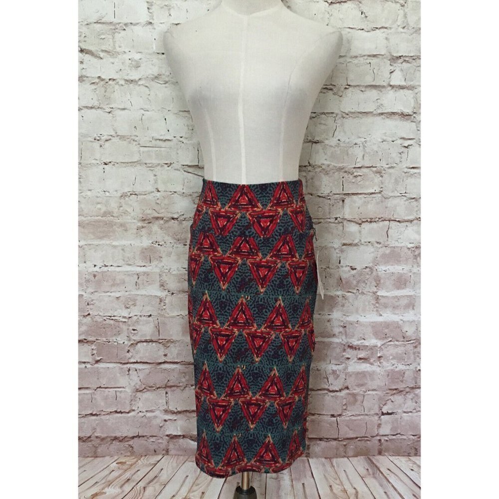 LuLaRoe CASSIE Pencil Skirt Size XS Teal Green Red Geometric Triangle Print NEW
